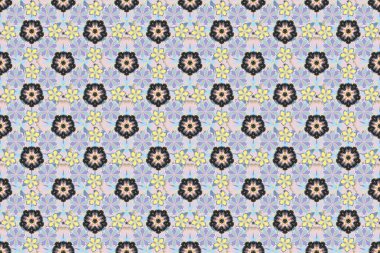 Raster illüstrasyonu. Sarı, gri ve mavi renkli çiçek motifleri ile soyut zarafet deseni.