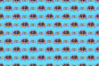 Geçmişi, tekstili, ambalaj kağıtları, tebrik kartları için. Raster illüstrasyonu. Mavi arka planda soyut amber çiçekleri buketi ile romantik, pürüzsüz desenler..