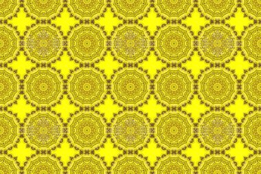 Çiçekli altın elementlerle doğu tarzında kusursuz bir desen. Kartlar için Raster eskizi, teşekkür mesajı, baskı. Sarı arkaplanda tasarım şablonu için klasik dikişsiz sınır ve ızgara.