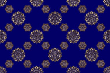 Mavi arka planda altın stilize yıldızlar. Fan, Noel altınını şekillendirdi. Altın geometrik elementlere sahip soyut, pürüzsüz bir desen. Yeni yıl 2018 tatil süslemesi.