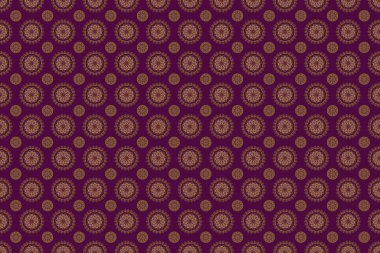 Şam süsü ile kusursuz desen. Duvar kağıtları, arka planlar, el ilanları ya da ambalaj kağıtları için desen. Mor bir arka planda Arap tarzında kusursuz raster altın bir süs..