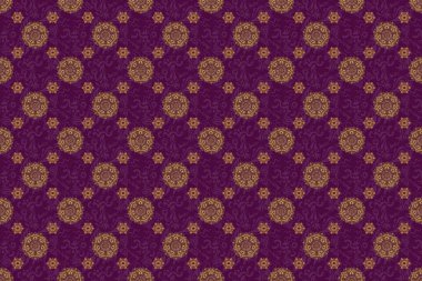 Metin için tasarım, davetiye kartları, çeşitli baskı sürümleri. Mor arka planda altın elementlerle kusursuz bir desen. Doğu tarzında altın bir süs..