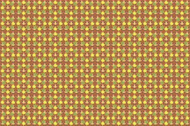 Kahverengi, turuncu ve sarı renklerde, klasik, dikişsiz desen. El yazısı çiçekler, pullar, anahtarlar..