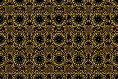 Siyah bir arkaplanda barok tarzında doğulu süslemeleri var. Geleneksel klasik altın ve siyah desen. Raster illüstrasyonu.