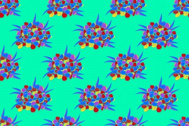 Dekoratif unutma beni çiçekleri tekrar eden desen. Yeşil, kırmızı ve mavi renklerde çiçek motifleri olan soyut zarafet deseni. Raster illüstrasyonu.