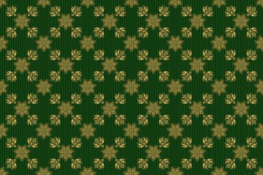 Raster tasarım için dekoratif elementler. Davetiyeler, tebrik kartları, ambalajlar için süs desenleri. Yeşil arka planda dekoratif altın pürüzsüz desen. Geleneksel çiçek dekoru.