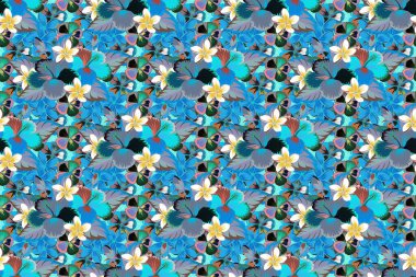 Raster illüstrasyonu. Mavi, gri ve kahverengi renkli şirin çiçekli kusursuz çiçek deseni..