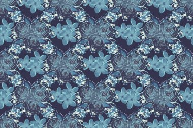 Çiçek eskizi. El çizimi gül çiçekleri. Gül desenli çiçek deseni. Klasik, dikişsiz çiçek deseni. Mor ve mavi gül desenleri.