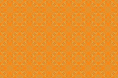 Geleneksel Hint tarzı, kına dövmesi, baskı, altın çıkartmalar, mehndi, yoga tasarımı için süslü çiçek unsurları. Altın mehndi 'nin Raster sanatı. Turuncu bir arka planda kusursuz desen.