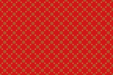 Kırmızı arka planda el yapımı altın elementler. Klasik dikişsiz çiçek deseni. Kumaş, tekstil, iç dekorasyon.