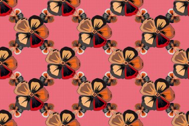 Sevimli kozmos çiçekleri deseni. Pembe, turuncu ve kırmızı renkli Raster çiçekleri. Çizgili arkaplanda suluboya desensiz.