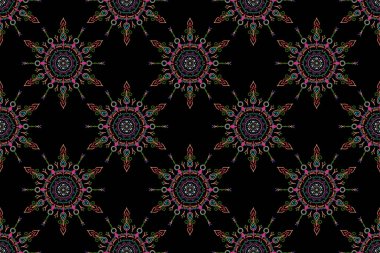 Siyah arka planda mavi, pembe ve nötr renklerde pürüzsüz bir süs. Sıkıntılı damask desensiz arkaplan fayansı.