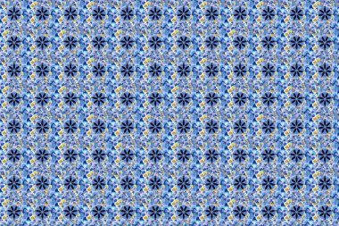 Gri, kahverengi ve mavi renkli şirin çiçeklerle kusursuz desen. Raster illüstrasyonu.