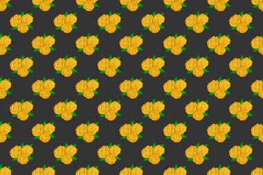 Raster illüstrasyonu. Sevimli gül çiçekleri ve sarı, kahverengi ve gri yapraklı kusursuz desenler..