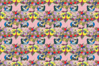 Yeşil, pembe ve mavi renkli primula çiçekli ipek eşarp. Sonbahar renkleri. El çizimi çiçek unsurları olan soyut, dikişsiz raster deseni. 1950-1960 motifleri. Retro tekstil tasarım koleksiyonu.