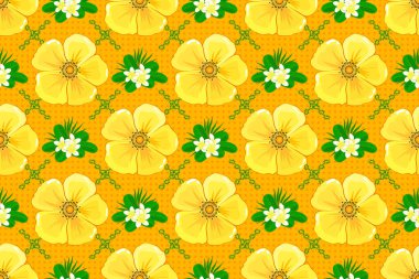 Sarı arka planda, renkli yönlü desen. Kusursuz çiçek süsü. Kraliyet zambaklarıyla modern çiçek deseni.