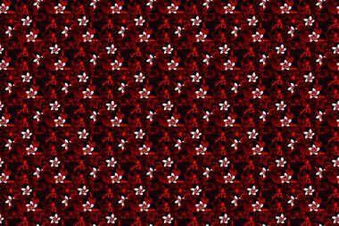 Raster illüstrasyonu. Dekoratif amber çiçekleri ve kırmızı, kahverengi ve siyah yapraklı kusursuz arkaplan deseni.