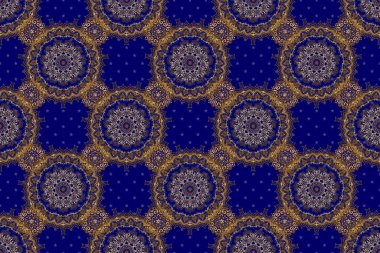 Mavi arka planda altın elementlerle kusursuz bir desen. Doğu tarzında raster altından bir süs. Metin, davetiye kartları, çeşitli yazdırma sürümleri için tasarım.
