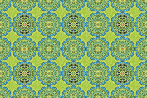 Растрова Ілюстрація Розкішний Безшовний Візерунок Зеленого Жовтого Синього Орнаменту Стилізованими — стокове фото