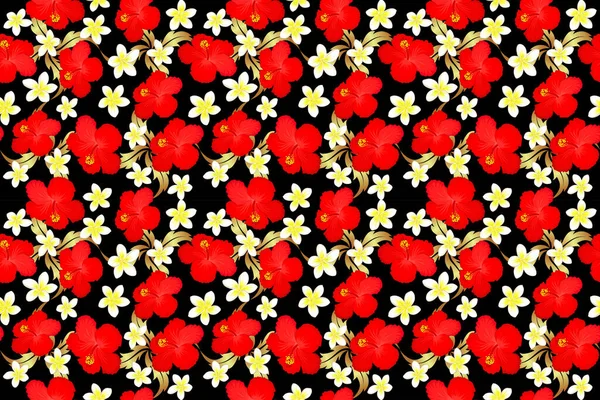 曲線的なエレガントなスタイルのハイビスカスの花 アラビア風の抽象的な花の装飾を形成する巻物を交差させます 黒の背景にヴィンテージ抽象的なラスター花シームレスパターン — ストック写真