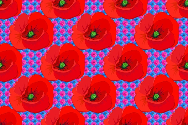 Floral Background Seamless Raster Pattern Violet Background Cute Poppy Flowers — Stock Photo, Image