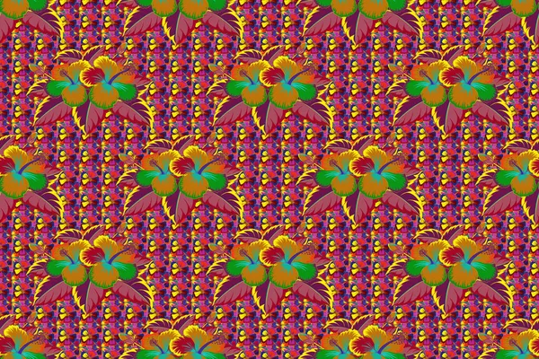 Tropical floral seamless pattern with purple, red and yellow hibiscus flowers. Raster illustration. Floral raster seamless pattern.