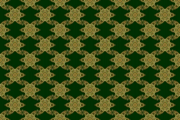 Gold Grid Green Background Raster Seamless Pattern Golden Elements — Stock Photo, Image