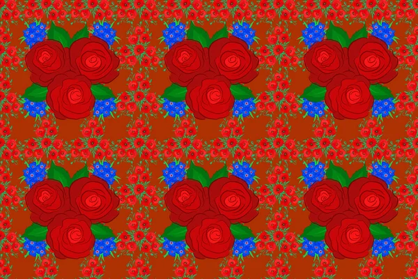 Raster Illustration Nahtloses Blumenmuster Niedlichen Rosenblüten Und Grünen Blättern Auf — Stockfoto