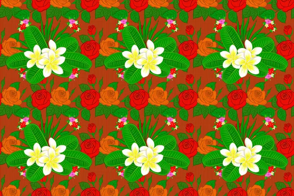 Stock Raster Illustration Seamless Pattern Abstrat Plumeria Flowers Red Green — Stock Photo, Image