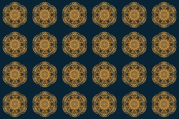 Bohemian decorative element, indian henna design, raster retro circle ornament. Mandala gold, tribal vintage sketch of a medallion on blue background. Pattern with abstract art flower for Tibetan yoga