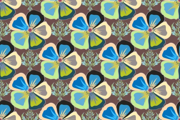 Raster Naadloos Bloemenpatroon Met Kosmos Bloemen Bladeren Grijze Groene Blauwe — Stockfoto