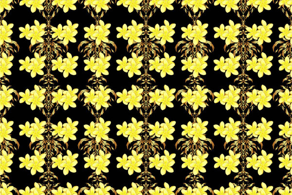 Exquisite pattern with plumeria flowers in vintage style. Beautiful pattern for decoration and design. Watercolor seamless pattern with plumeria flowers. Trendy print on a black background.