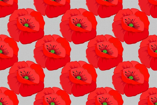 Naadloos Rasterpatroon Grijze Rode Kleuren Met Schattige Papaverbloemen Bloemen Achtergrond — Stockfoto