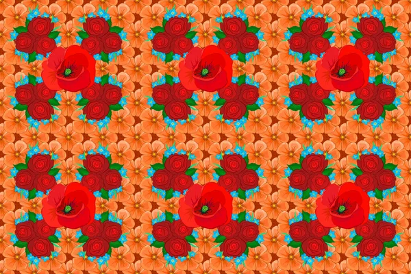 Cute raster poppy flowers print. Raster illustration. Floral vintage seamless pattern in orange, red and green colors.