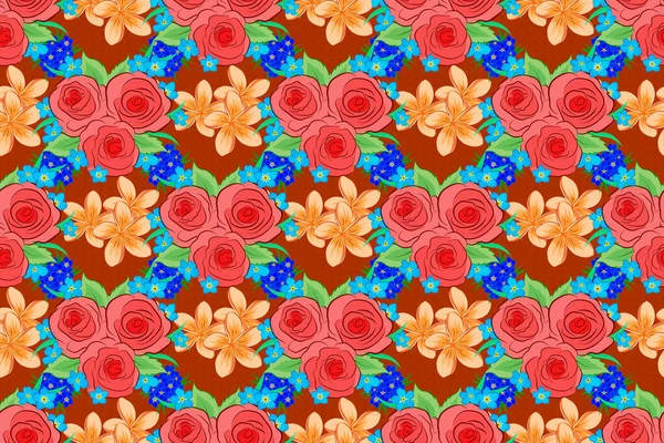 Nahtloses Blumenmuster Orange Blau Und Rosa Farben Raster Rosenblüten Und — Stockfoto