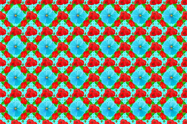 Stylish wallpaper with poppy flowers. Abstract raster background. Floral seamless pattern with blooming poppy flowers and leaves on a blue background.