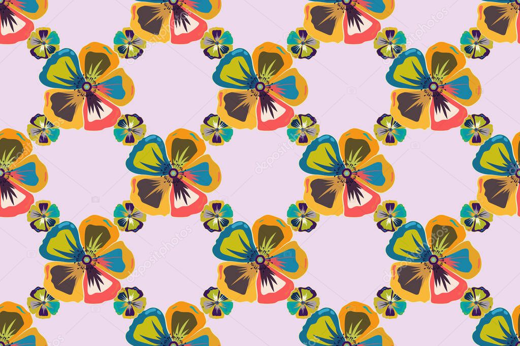 Seamless background pattern with decorative cosmos flowers and leaves in yellow, violet and gray colors. Raster illustration.