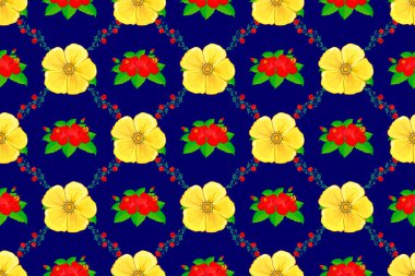 Kırmızı amber ve yapraklı haşhaş, sarı kozmos çiçekleri. Moda olmayan çiçek deseni. Mavi arka planda bir sürü karışık çiçekli Raster çizimi.