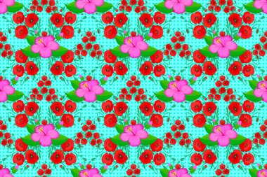 Raster illüstrasyonu. Mavi arka planda bir buket soyut çiçekle sulu boya desenli romantik bir şablon. Geçmiş, tekstil, ambalaj kağıtları, tebrik kartları için..