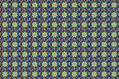 Dekoratif kozmos çiçekleriyle kahverengi, mavi ve sarı renklerde etnik, pürüzsüz desenler. Raster illüstrasyonu.