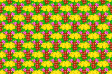 Güzel bir arkaplan. Amfibik çiçekli kusursuz desen. Pembe, yeşil ve sarı renklerde kusursuz soyut çiçek deseni. Grafiksel modern model. Geometrik yaprak süsü.