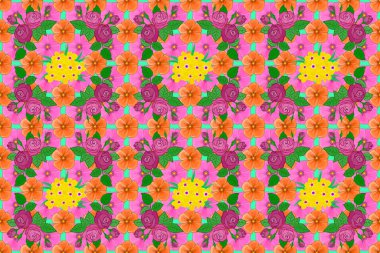 Soyut raster arka planı. Çiçeksiz desenli, çiçek açan primula çiçekleri ve yeşil arka planda yapraklar. Primula çiçekli şık duvar kağıtları.