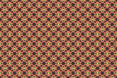 Kumaş, tekstil, duvar kâğıdı ve ambalaj için zarif bir retro süs. Sarı, turuncu ve kahverengi renkli oldukça küçük çiçeklerle el çizimi parlak, pürüzsüz çiçek deseni. Raster illüstrasyonu.