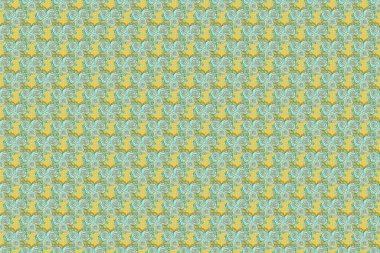 Raster illüstrasyonu. Yeşil, sarı ve mavi renkli biçimlendirilmiş çiçeklerle kusursuz çiçek deseni..