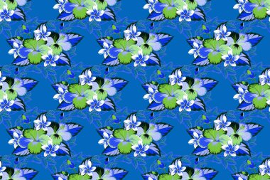 Kompozisyonda egzotik çiçekler. Yaz modası, iç mekan, duvar kâğıdı. Yeşil ve mavi renkli amberçiçeği desenli kusursuz raster tropikal tasarım. Raster illüstrasyonu.