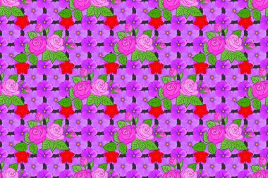 Karalama çizim stili, elle çizilmiş çizim. Gül çiçekleri, yeşil yapraklar, dekoratif elementler, sıçrama, lekeler ve gri bir arkaplan üzerine damla.