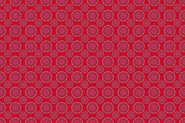 Zarif, klasik, kusursuz bir model. Kırmızı zemin üzerinde çok renkli tekrarlayan elementlerle kusursuz soyut süsleme.