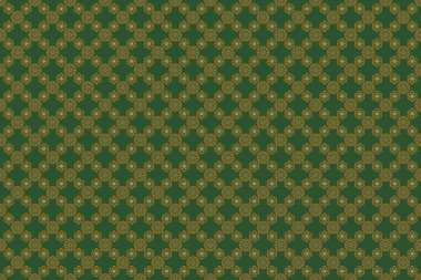 Geçmişe dönük tasarım için altın elementlerle kusursuz desen. Duvar kağıtları, tekstil, kumaş, ambalaj kağıdı, ambalaj kutusu vs. için evrensel raster deseni. Yeşil arkaplanda vintage desen.