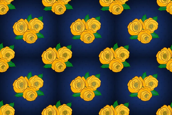 Vintage pattern with indian batik style rose flowers. Floral raster background. Seamless pattern with blue, yellow and gray roses with green leaves.