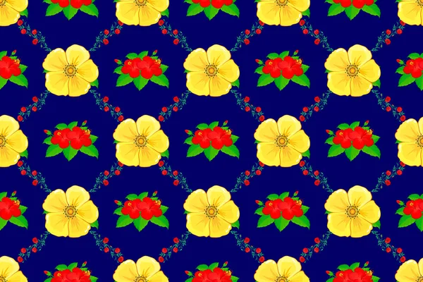 红色的芙蓉和罂粟 黄色的宇宙花朵 时尚无缝的花纹 蓝色背景上有许多斑驳的花朵的栅格插图 — 图库照片